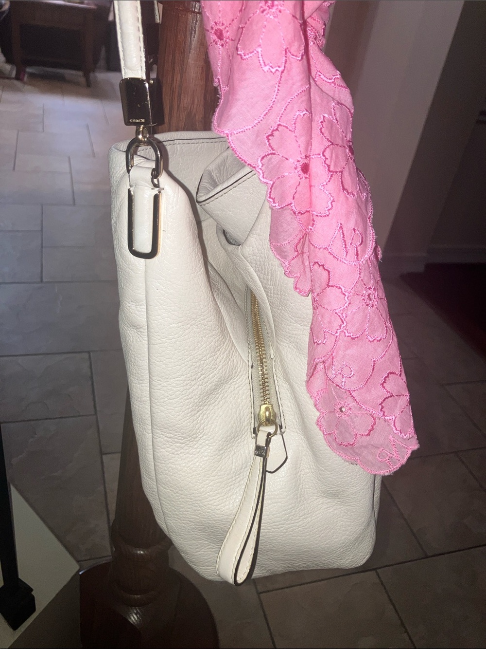 Coach White Leather Shoulder Bag with Pink Scarf Accent - Picture 14 of 16